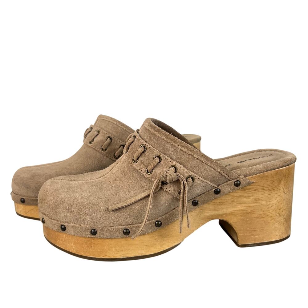 Hokus Pokus Vintage 90s Y2K Wooden Platform Chunky Beige Suede Tassel Clogs (8)